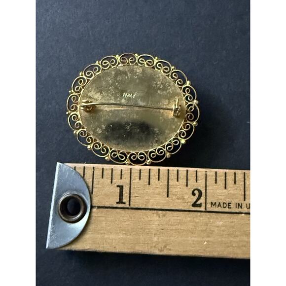 Vtg Green Onyx Carbachon Semi Precious Stone Brooch Gold Tone Filagree Italy 70s - Picture 5 of 6